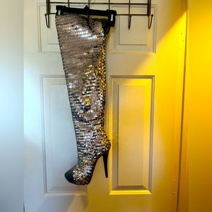 Thigh high silver sequence stiletto boots